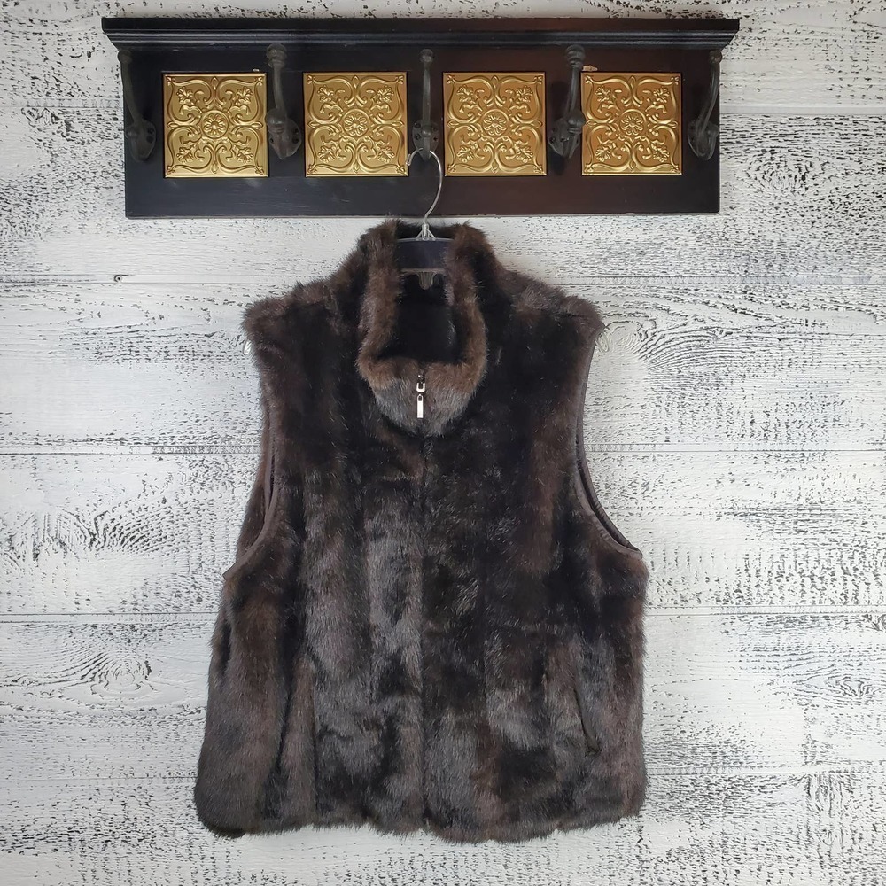East 5th Faux Fur Vest Casual Full Front Zipper Reversible Coat Sz L